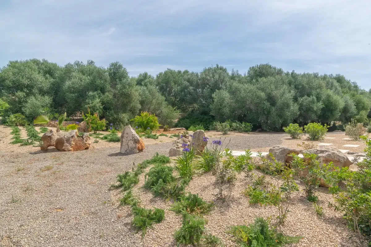 A landscaped garden with gravel paths, flowering plants, and trees in the background.