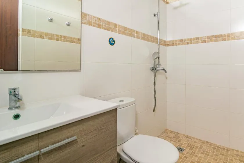 A tiled bathroom with a sink, toilet, and wall-mounted shower.