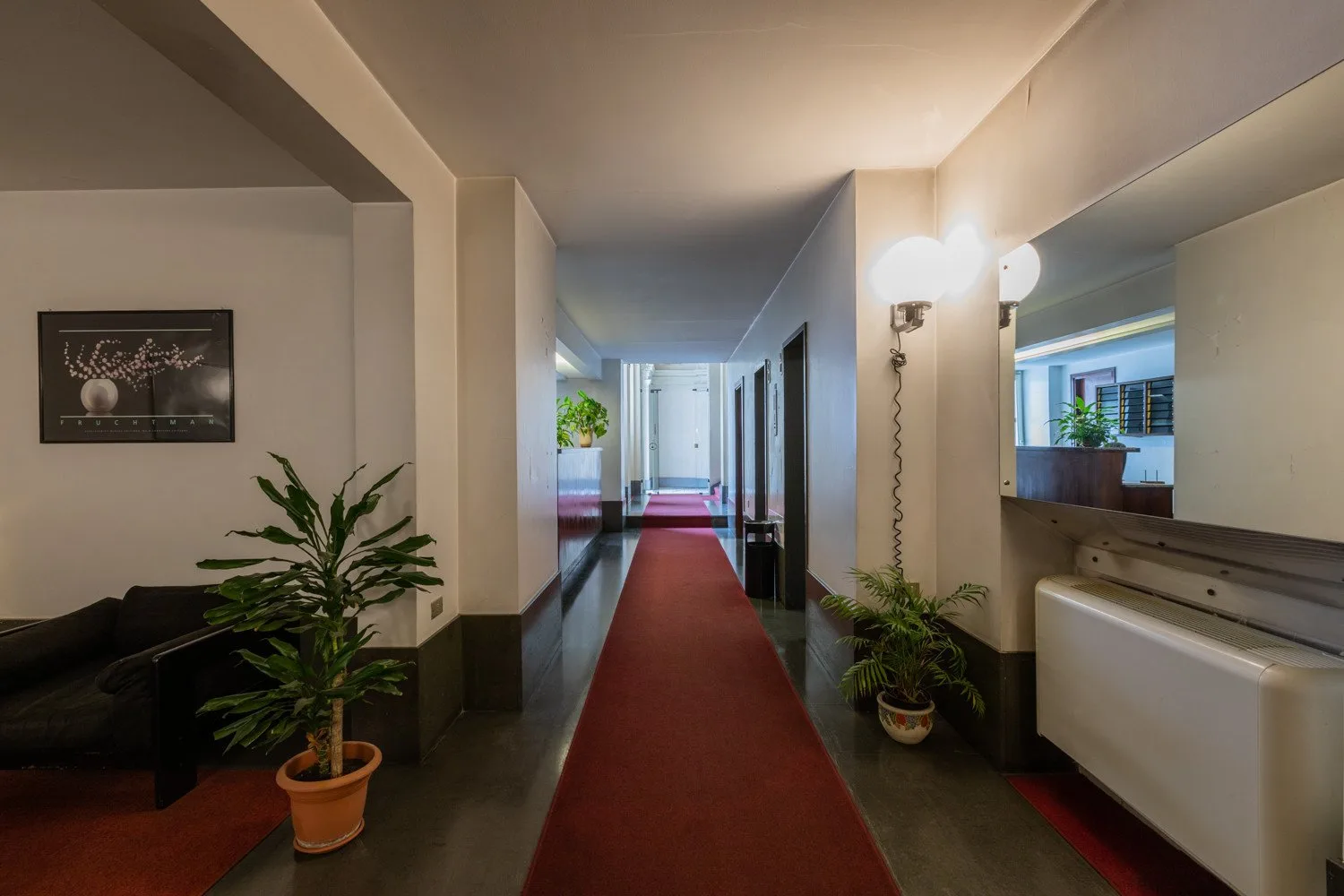 Un largo pasillo interior tiene una alfombra roja, plantas en macetas y un espejo.