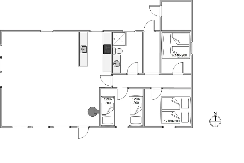 A floor plan shows several rooms, including bedrooms, bathrooms, and a large open area.