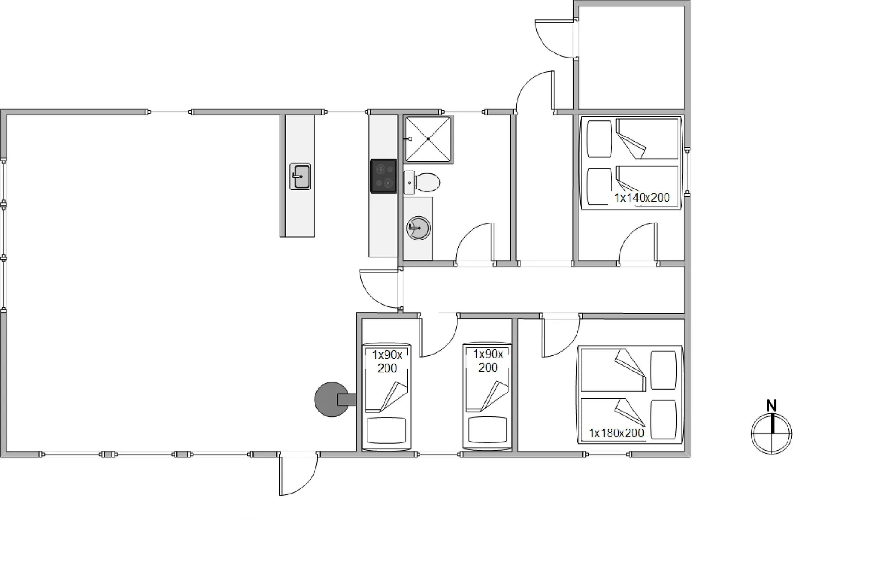 A floor plan shows a large open room and several smaller rooms.