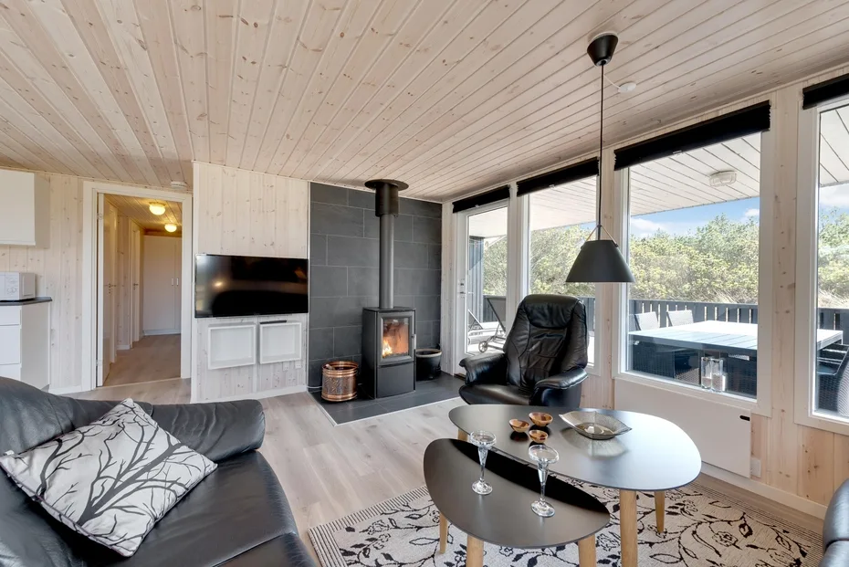 A bright living room with a television, wood stove, and large windows.
