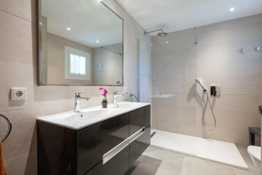 A modern bathroom with a wide vanity, mirror, and walk-in shower.