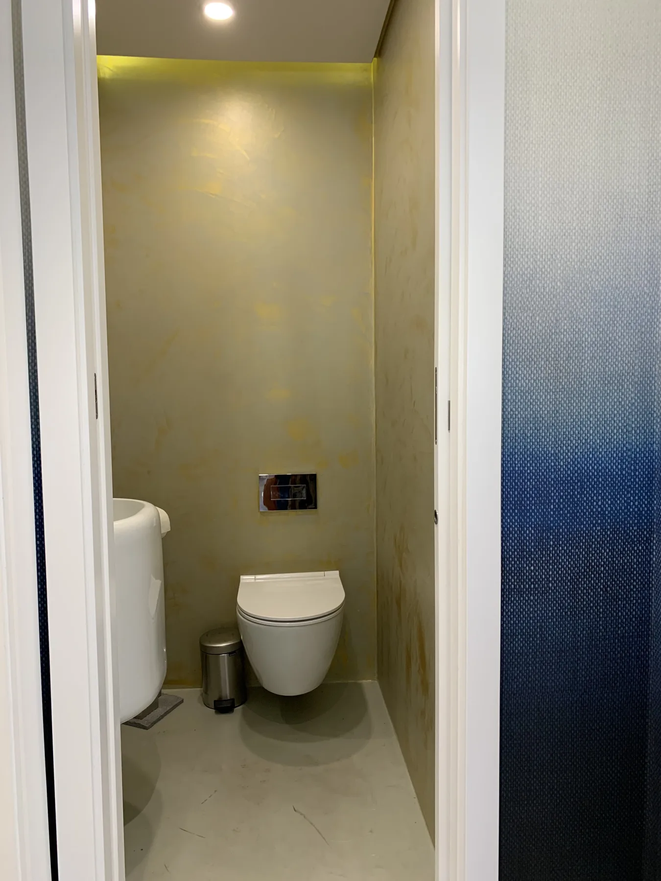 Un baño pequeño con un inodoro y una placa de descarga en la pared.