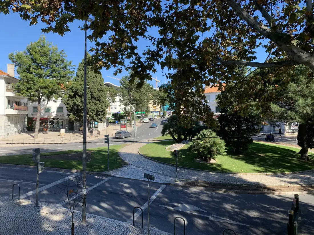 Un parque urbano sombreado por árboles bordea una calle con edificios y tráfico.