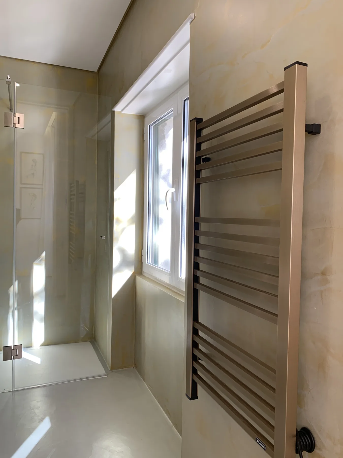 Un baño con una ducha de vidrio y un toallero calefactable en la pared.