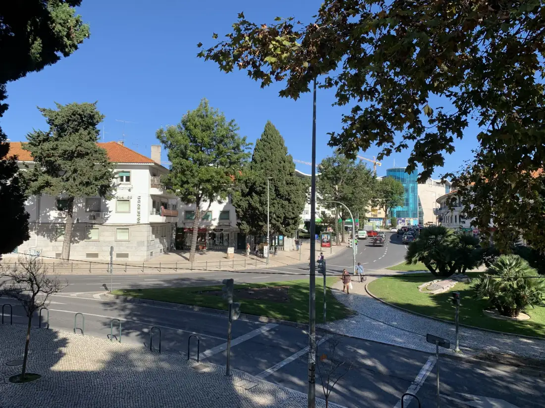 Una calle soleada se curva junto a edificios, árboles y un pequeño parque.