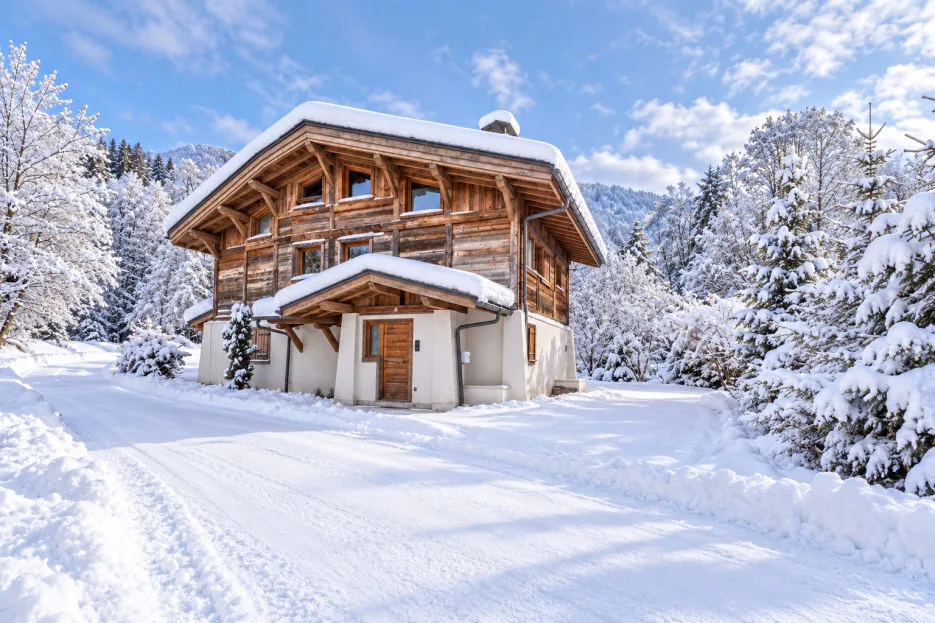 A wooden chalet stands in a snowy landscape surrounded by trees.