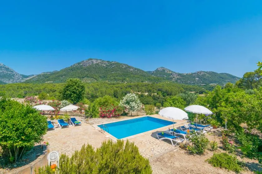 Una piscina al aire libre está rodeada de jardines, con colinas verdes al fondo.