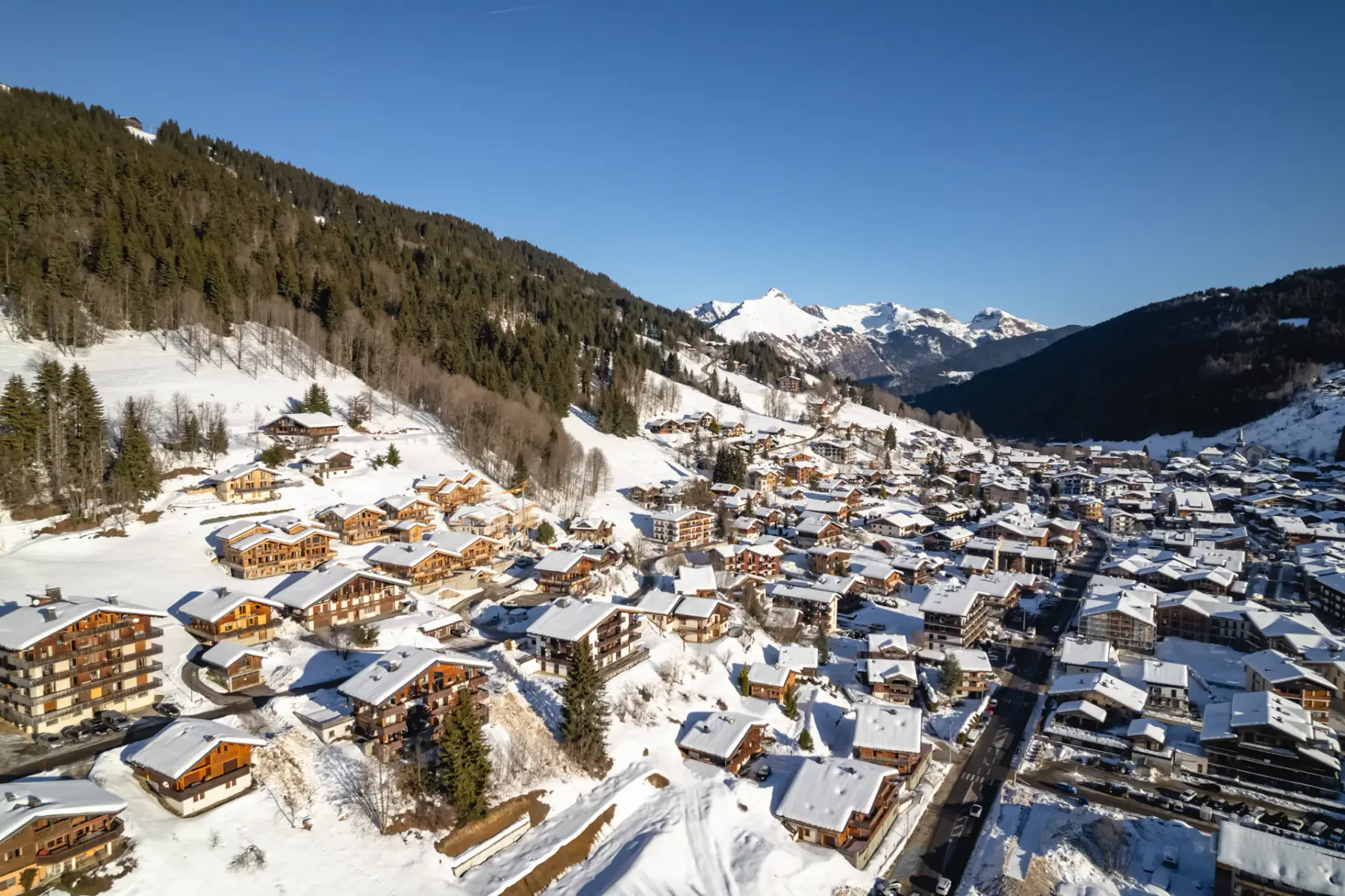 A snowy mountain village sits between forested slopes beneath a clear blue sky.
