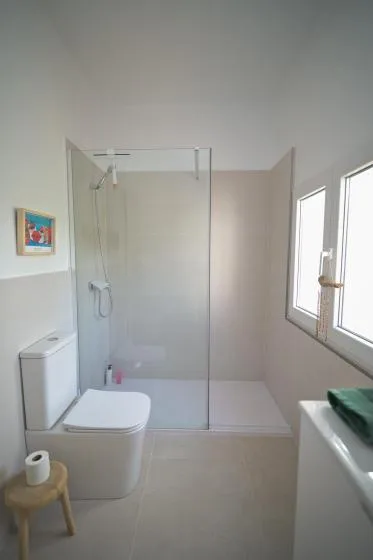 A bathroom with a glass shower, toilet, and bright windows.