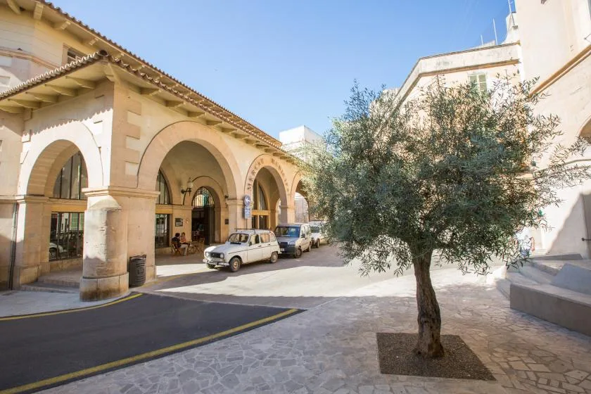 A sunlit street with an arched building facade and a tree.