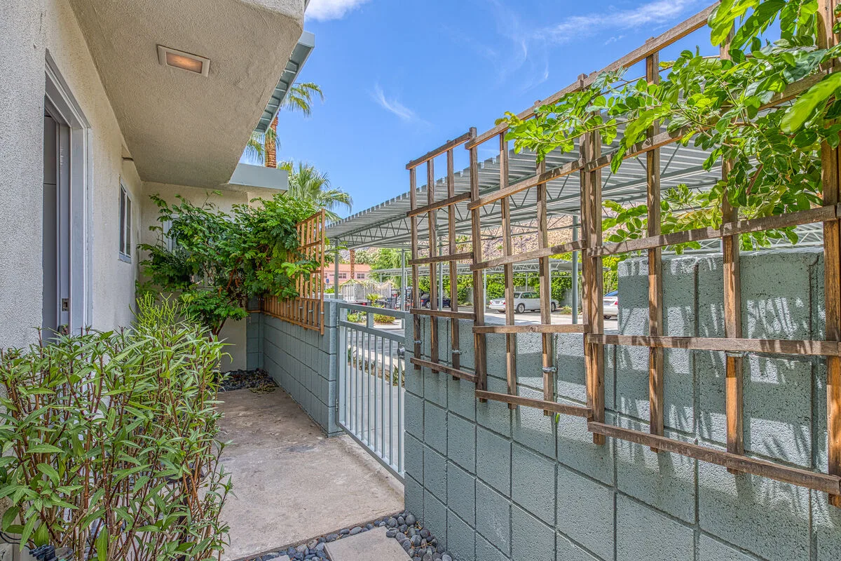 A narrow outdoor passage runs beside a building, with a gate and leafy plants.