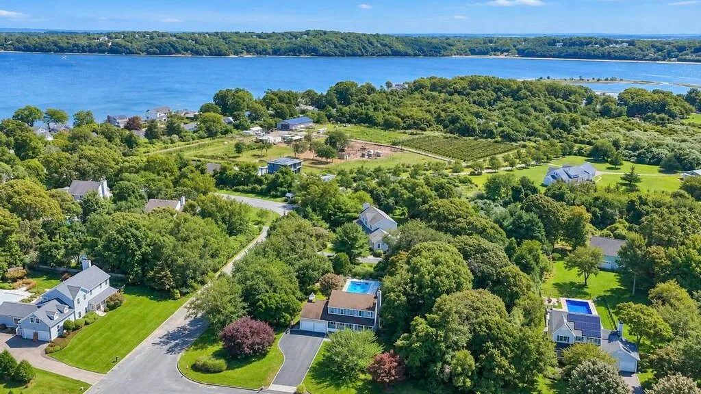 Aerial view of homes among green trees beside a broad body of water.