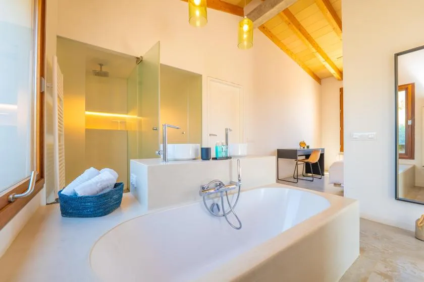 Un baño luminoso con bañera, ducha de vidrio y techo inclinado de madera.