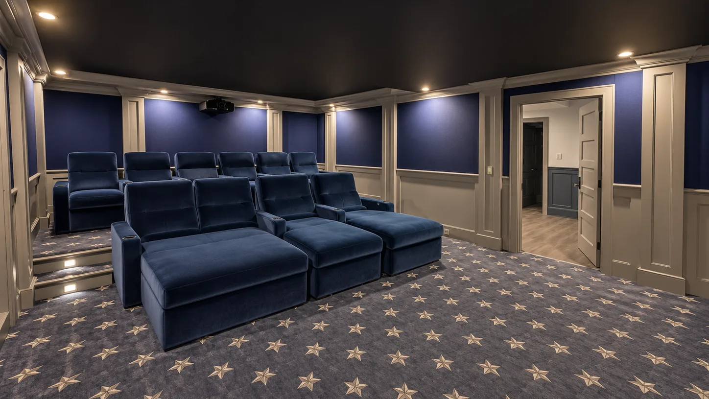 A home theater with rows of blue seating and a star-patterned carpet.