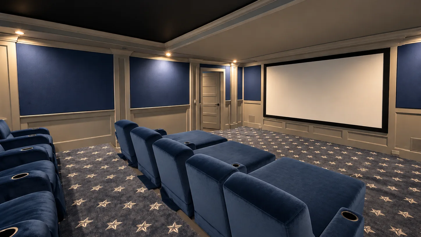 A home theater with rows of blue seating facing a large projection screen.