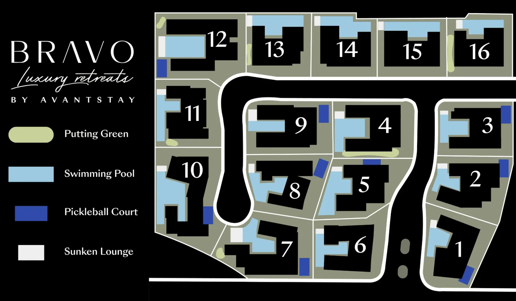 A resort site plan marks lodging areas, roads, a pool, courts, and a putting green.