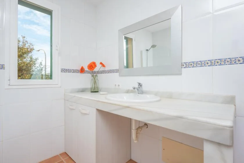 A bright bathroom with a long vanity, sink, and large mirror.