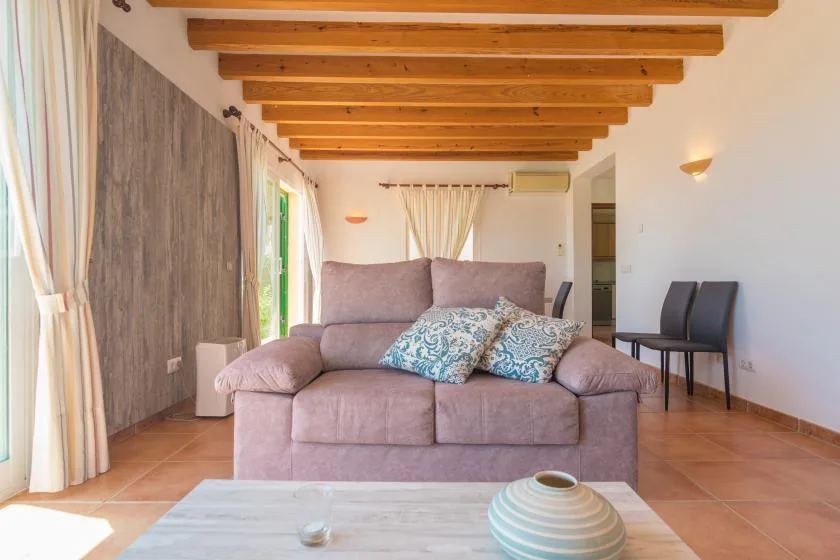 A bright living room with a sofa, patterned cushions, and exposed ceiling beams.