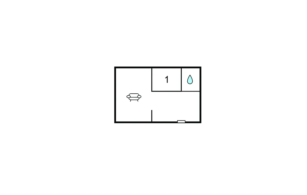 Un plano sencillo muestra una habitación con un símbolo de asiento y una gota de agua.
