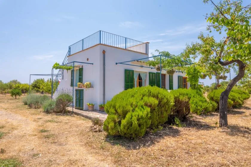A white house with green shutters stands among shrubs in a dry landscape.