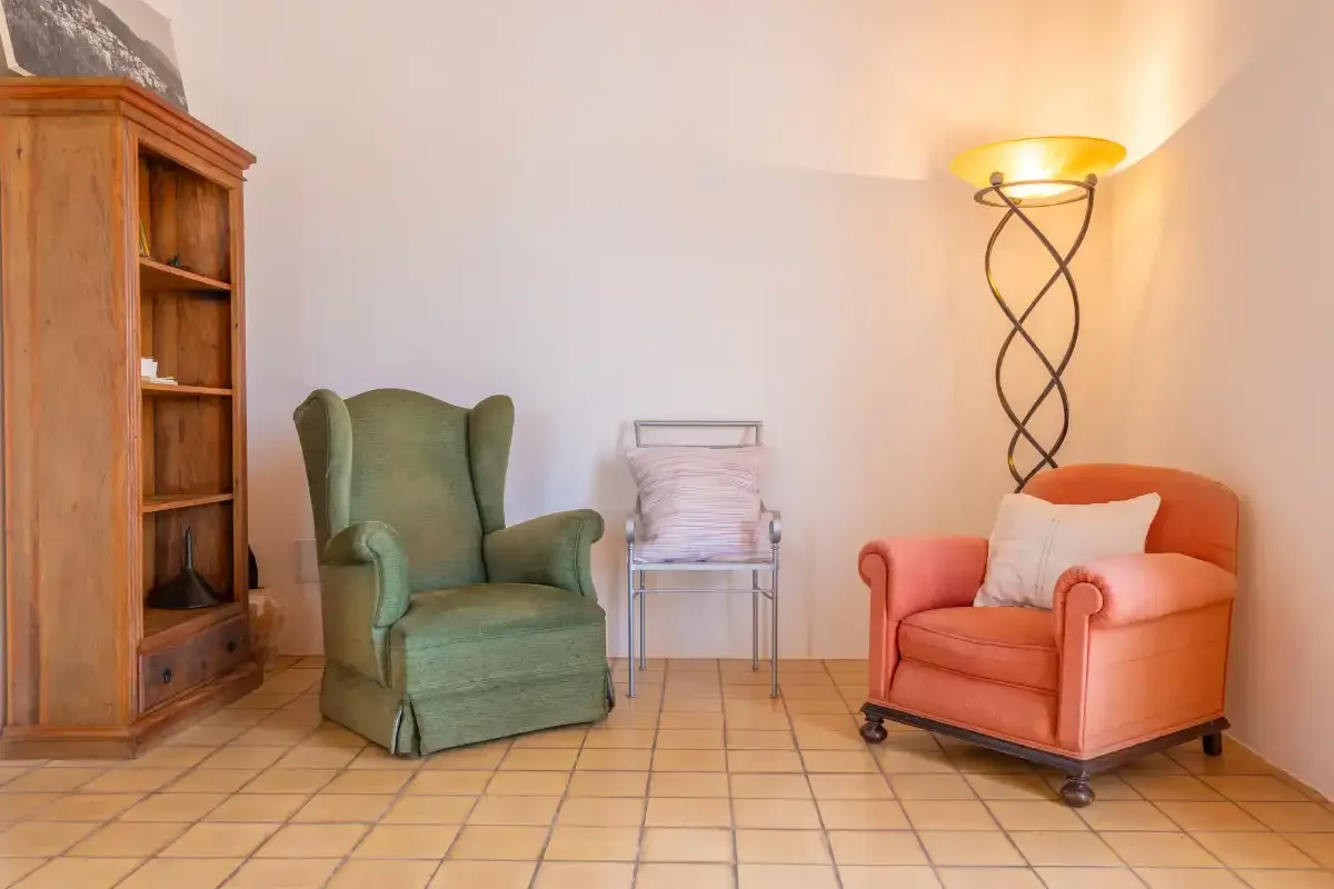 A living room with two armchairs, a shelving unit, and a floor lamp.