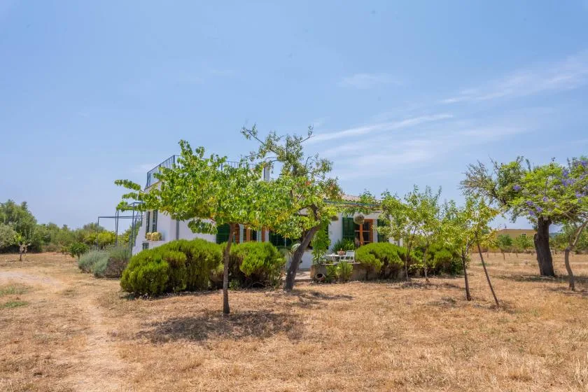 A white house stands among trees and shrubs in a dry, open landscape.