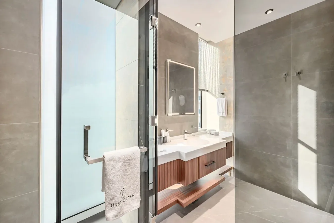 Un baño moderno con una ducha de vidrio y un lavabo amplio.
