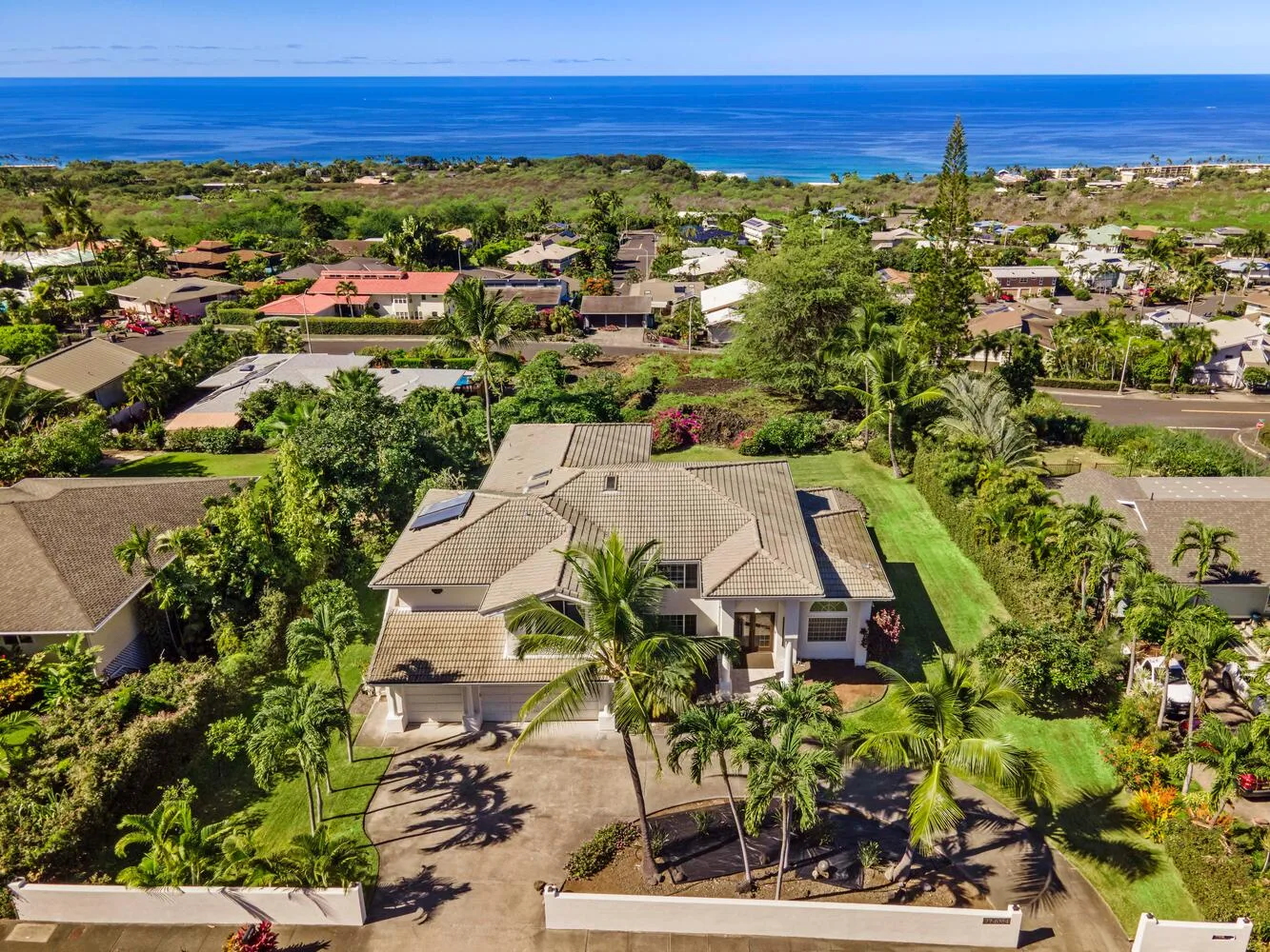 Aerial view of a residential neighborhood with homes, greenery, and the ocean beyond.