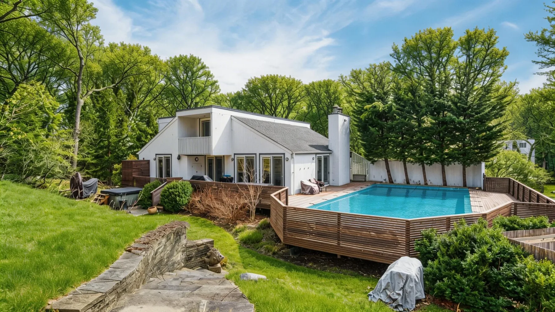 Una casa moderna está junto a una piscina elevada, rodeada de árboles verdes.