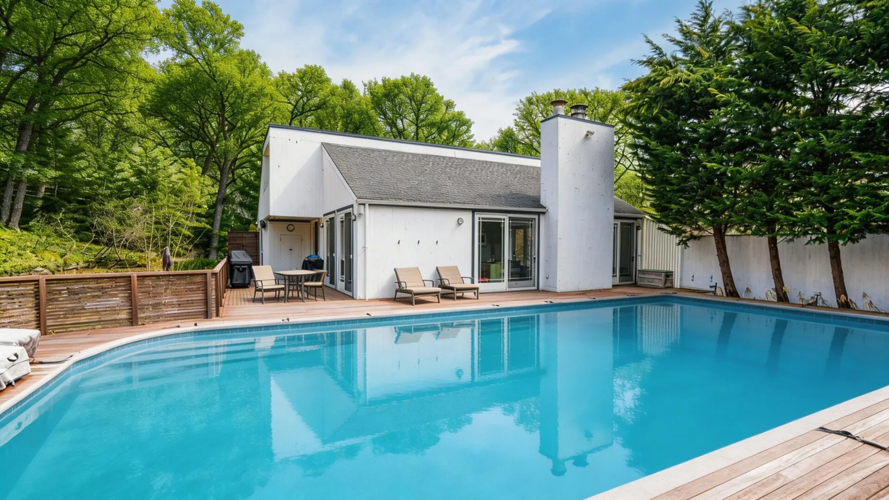 Una piscina al aire libre está junto a una casa blanca y una terraza de madera.