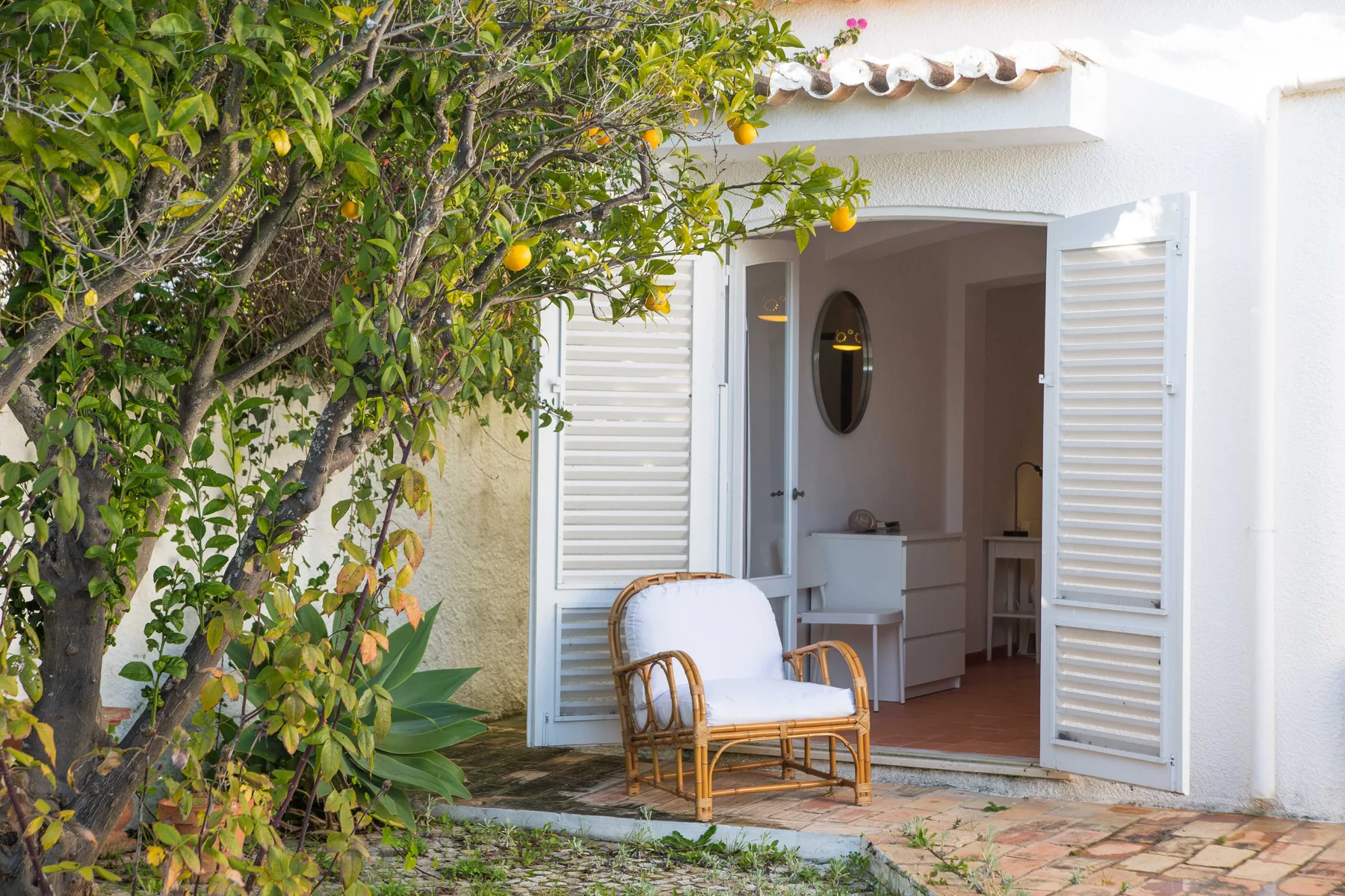 Una zona de estar en el patio junto a una puerta abierta, a la sombra de un árbol frondoso.