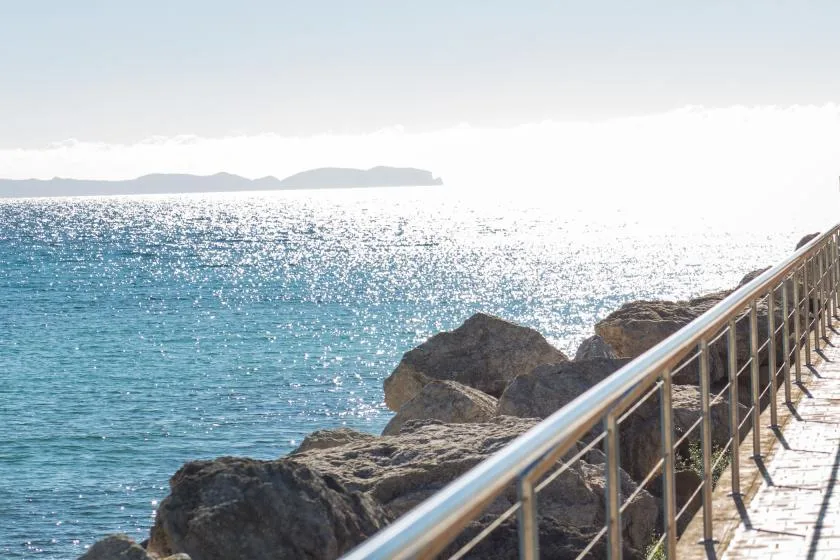 A seaside walkway follows a metal railing beside rocky shoreline and sparkling water.