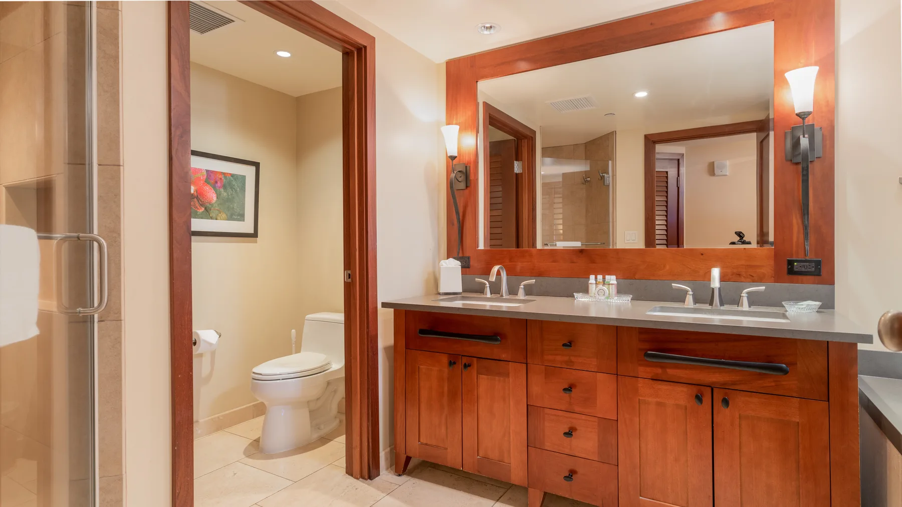 Un mueble de baño con un espejo amplio está junto a una ducha de vidrio y un inodoro.