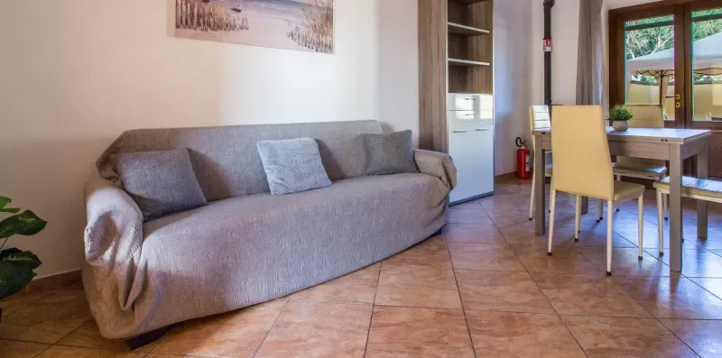 A living area with a gray sofa and a dining table beside the window.