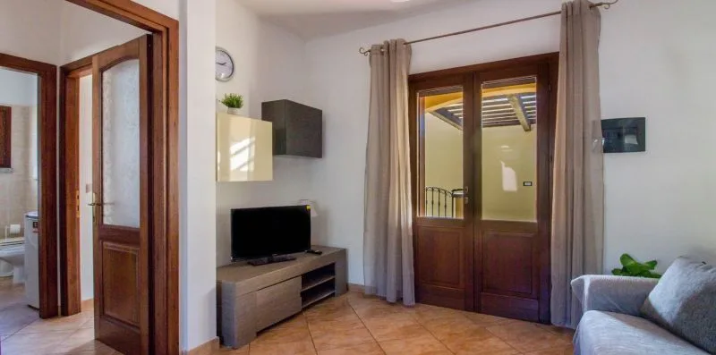 A living room with a television, seating, and glazed wooden doors.