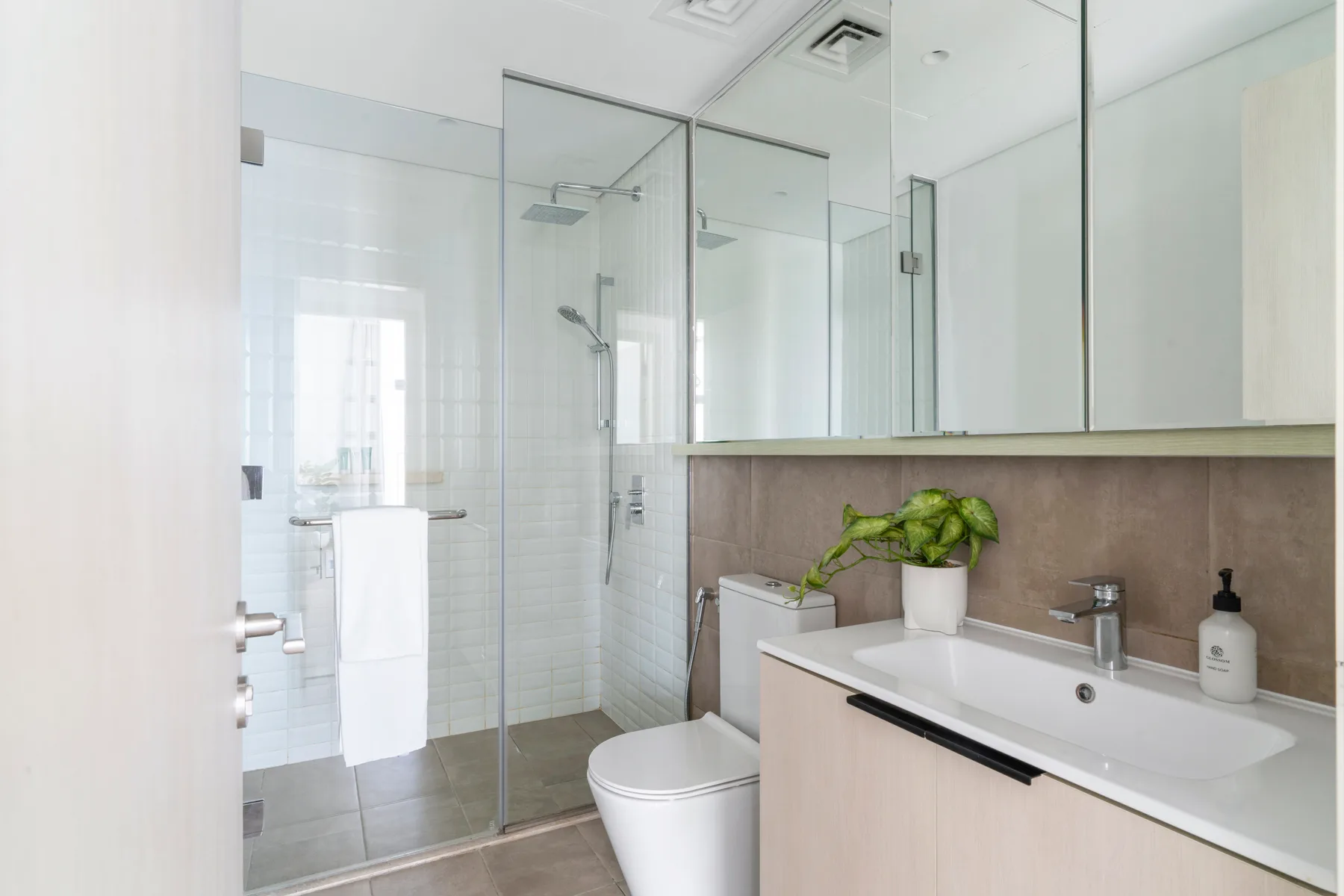 A bright bathroom with a glass shower, a vanity, and a potted plant.