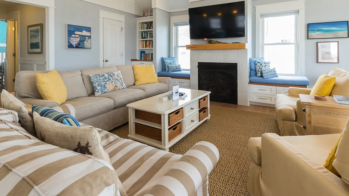 A bright living room with sofas, a coffee table, and a fireplace beneath a television.