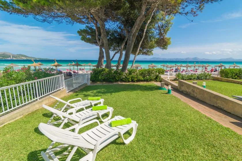 A grassy seaside terrace with lounge seating, trees, and a beach beyond.