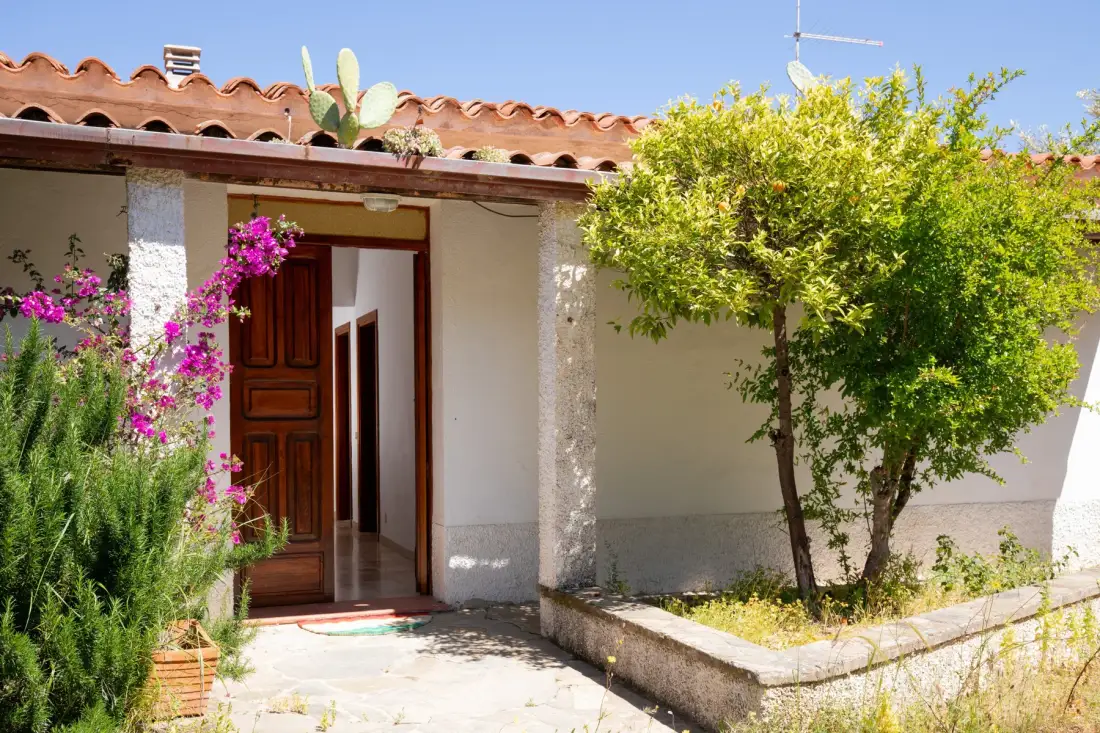 A house entrance with an open wooden door, flowering plants, and a leafy tree.