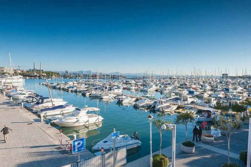 A marina filled with boats sits beside a waterfront promenade under a clear blue sky.