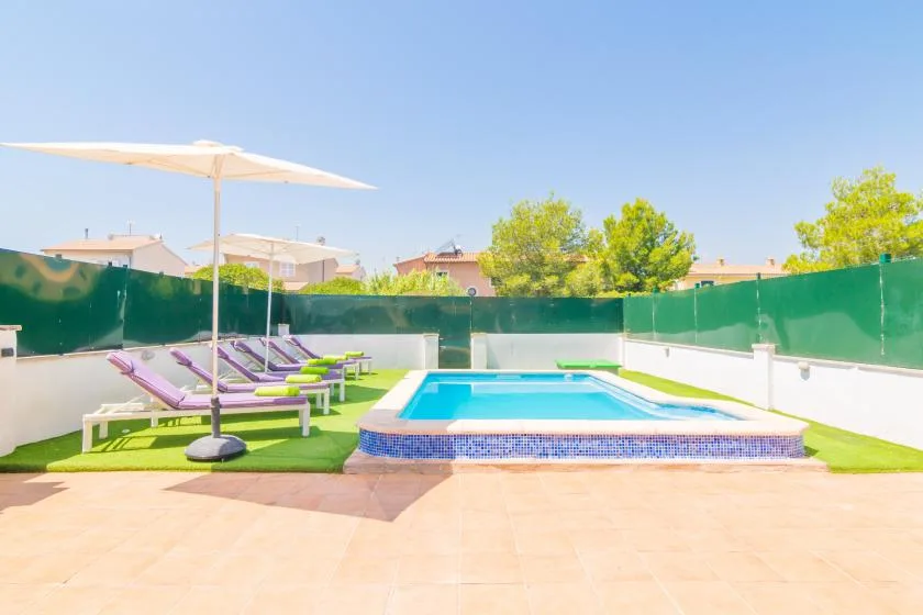 An outdoor swimming pool sits beside lounge seating and umbrellas in a sunny patio area.