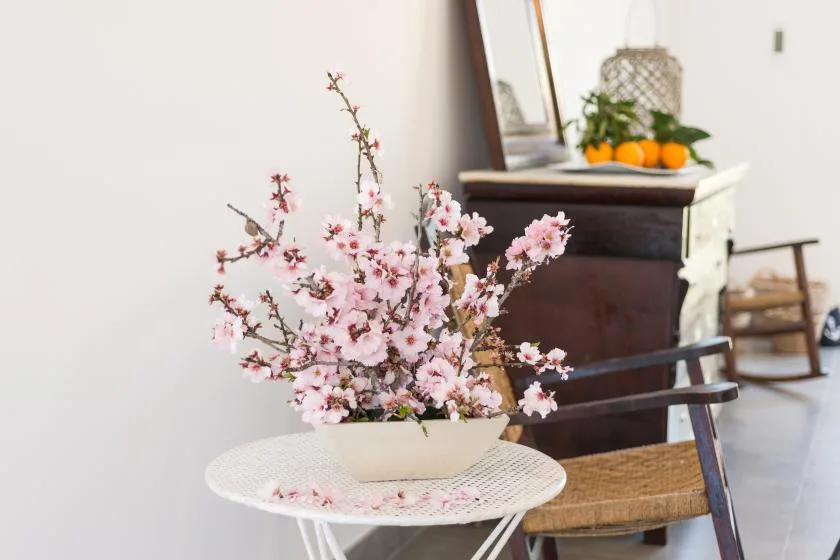 A flowering branch arrangement sits on a small table in a bright room.