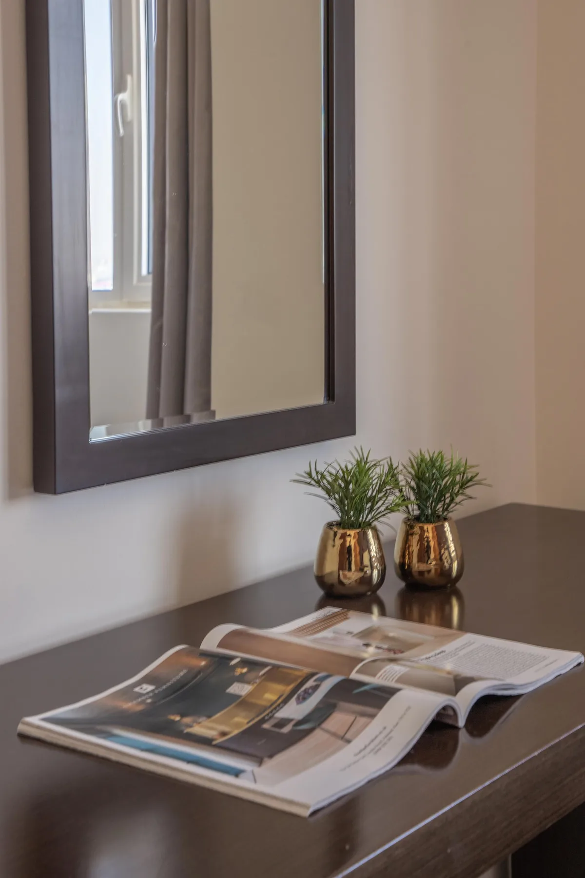 A dark table holds open magazines beside two small potted plants and a wall mirror.