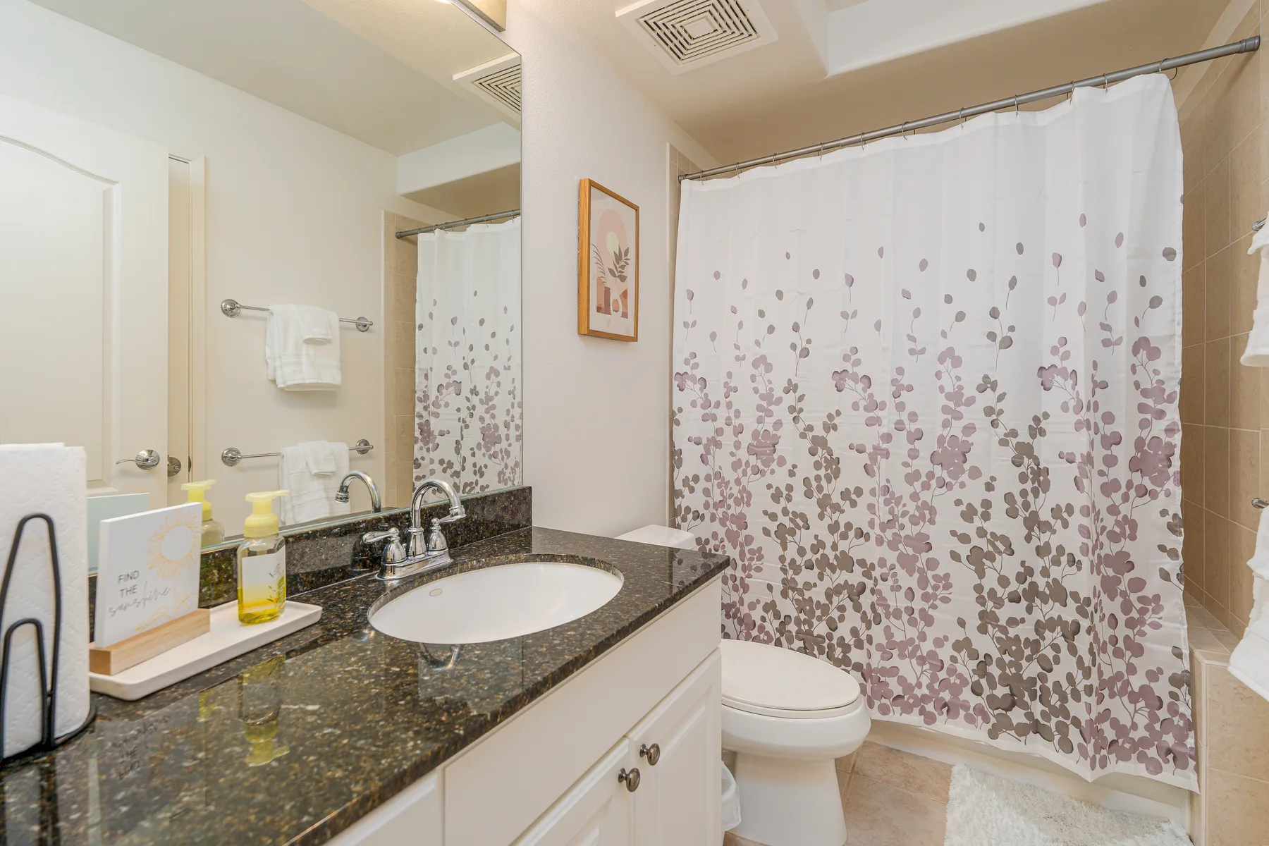 A bathroom with a sink vanity, mirror, toilet, and patterned shower curtain.