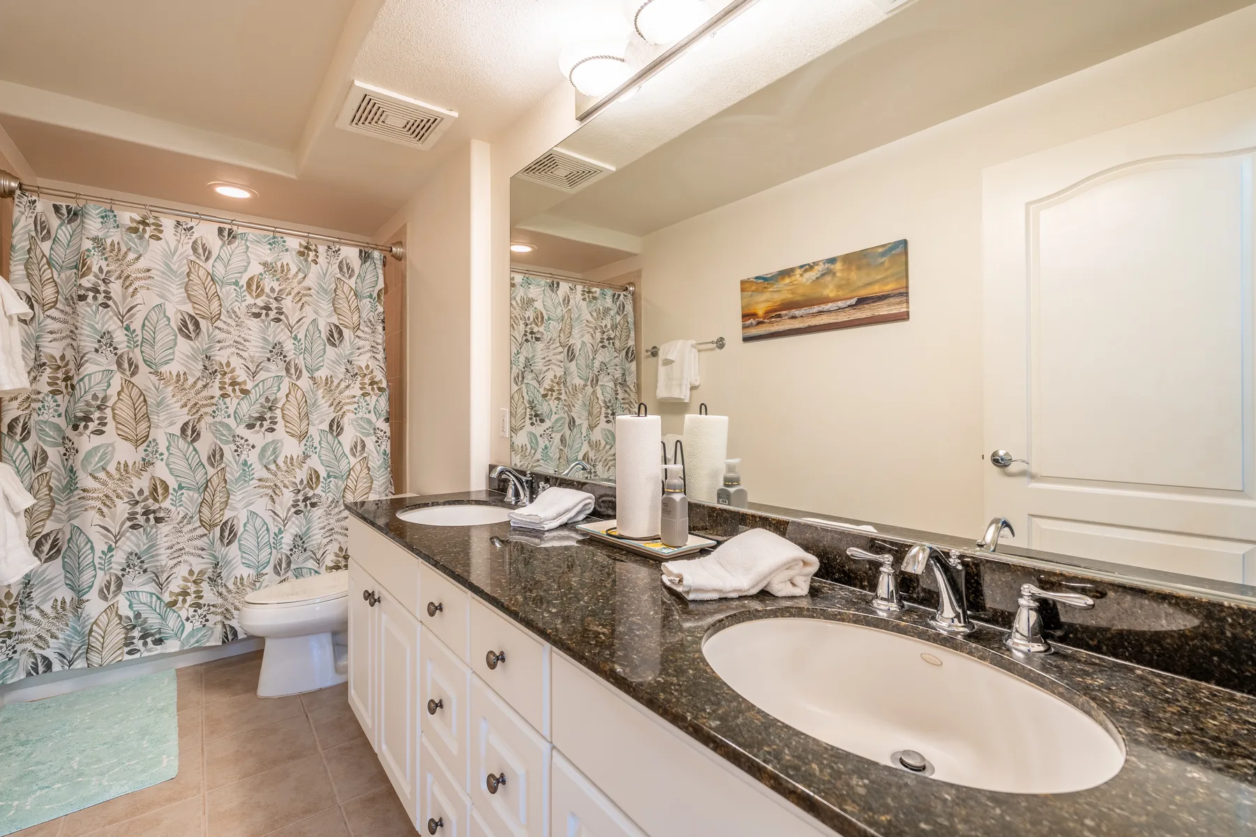 A bathroom vanity with sinks and a patterned shower curtain.