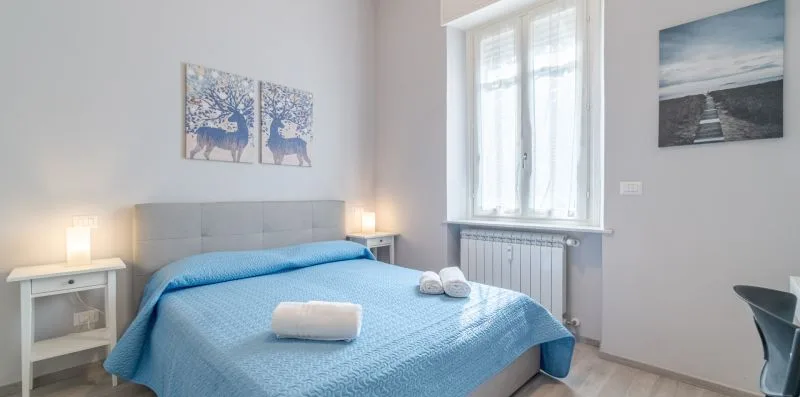 A bedroom with a blue-covered bed and a bright window.