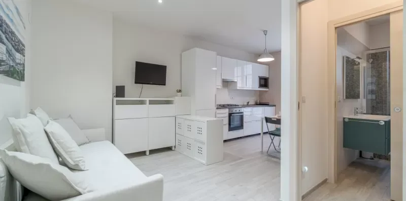 A bright living area opens onto a compact kitchen, with a bathroom visible through the doorway.