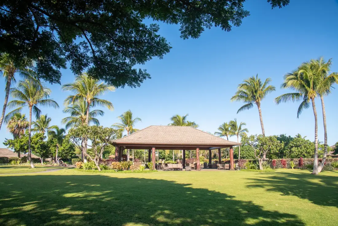 An open-sided pavilion stands on a green lawn among palm trees.